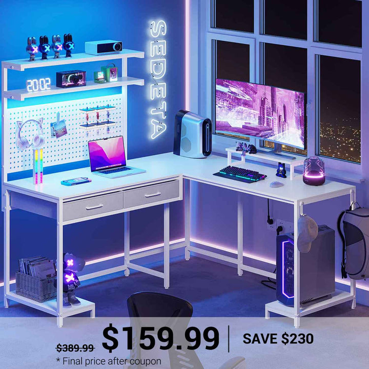 SEDETA L Shaped Gaming Desk with LED Lights Pegboard Drawers and Hutch