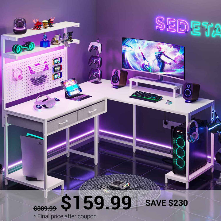 SEDETA L Shaped Gaming Desk with LED Lights Pegboard Drawers and Hutch