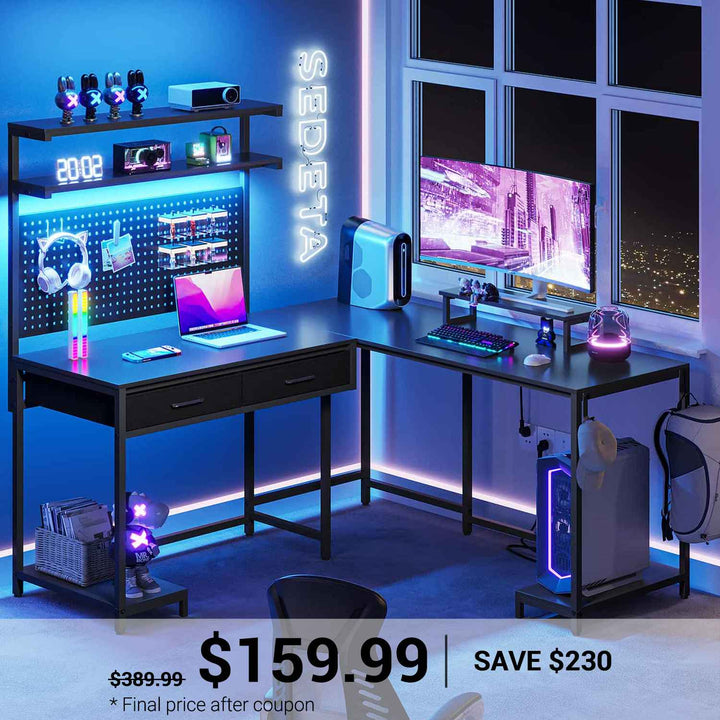 SEDETA L Shaped Gaming Desk with LED Lights Pegboard Drawers and Hutch