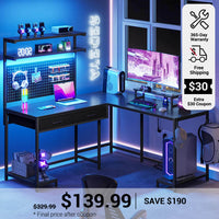 SEDETA L Shaped Gaming Desk with LED Lights Pegboard Drawers and Hutch