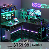 SEDETA L Shaped Gaming Desk with LED Lights Pegboard Drawers and Hutch