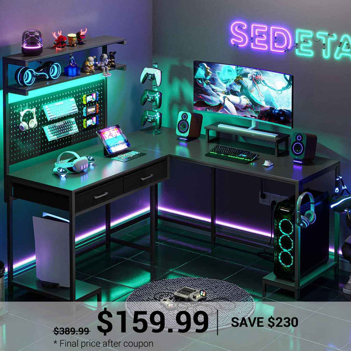 SEDETA L Shaped Gaming Desk with LED Lights Pegboard Drawers and Hutch