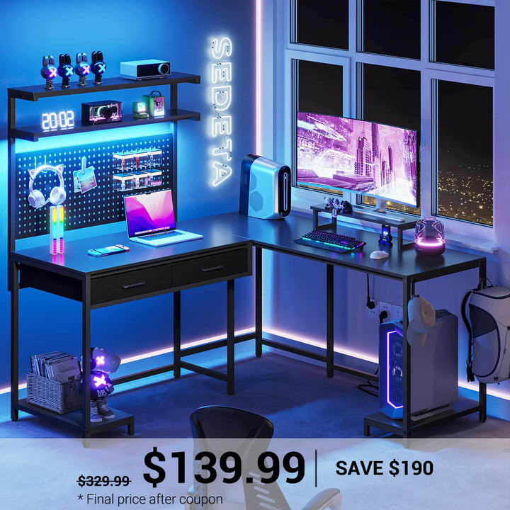 SEDETA L Shaped Gaming Desk with LED Lights Pegboard Drawers and Hutch