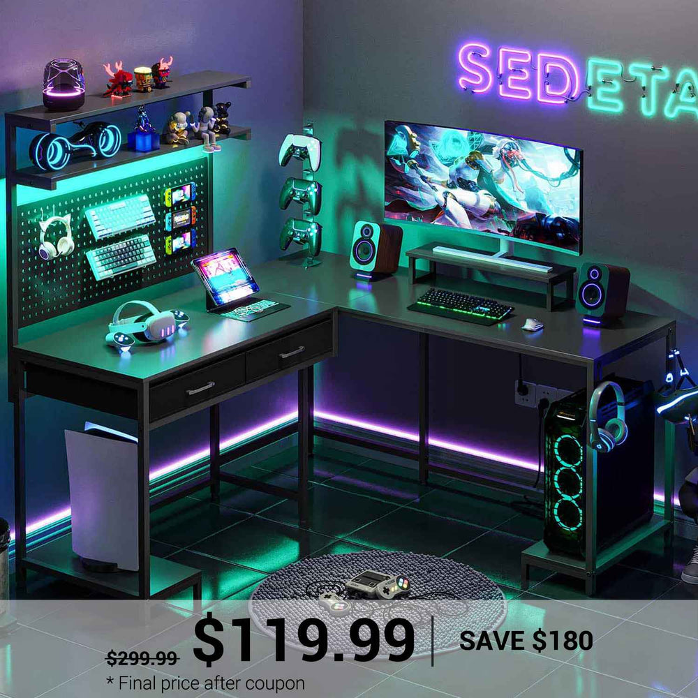 SEDETA | 89.7 Inch Reversible L Shaped Led Gaming Desk with Drawers and Storage Hutch