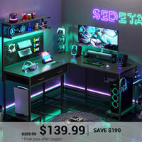 SEDETA L Shaped Gaming Desk with LED Lights Pegboard Drawers and Hutch