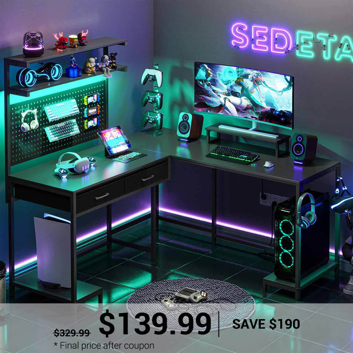 SEDETA L Shaped Gaming Desk with LED Lights Pegboard Drawers and Hutch