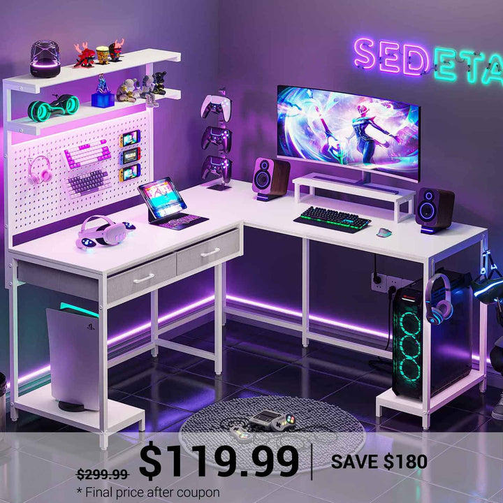 SEDETA | 89.7 Inch LED Reversible L Shaped Gaming Desk with Drawers and Storage Hutch