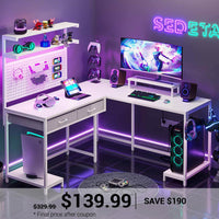 SEDETA L Shaped Gaming Desk with LED Lights Pegboard Drawers and Hutch