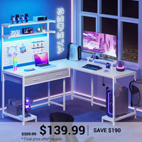 SEDETA L Shaped Gaming Desk with LED Lights Pegboard Drawers and Hutch