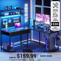 SEDETA L Shaped Gaming Desk with LED Lights Pegboard Drawers and Hutch