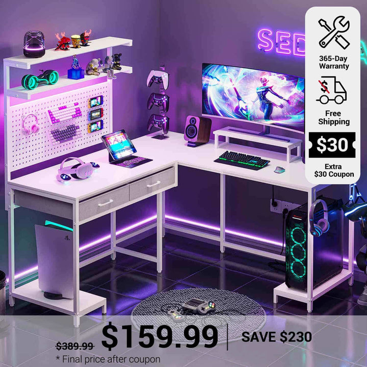 SEDETA L Shaped Gaming Desk with LED Lights Pegboard Drawers and Hutch