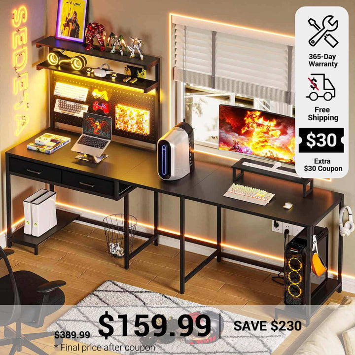 SEDETA L Shaped Gaming Desk with LED Lights Pegboard Drawers and Hutch