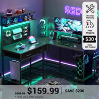 SEDETA L Shaped Gaming Desk with LED Lights Pegboard Drawers and Hutch