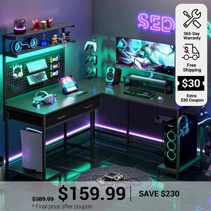 SEDETA L Shaped Gaming Desk with LED Lights Pegboard Drawers and Hutch