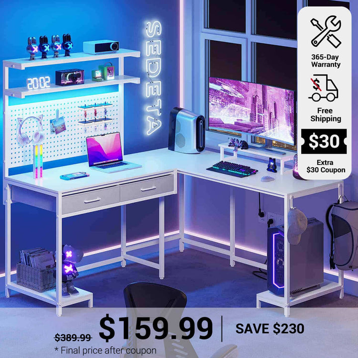 SEDETA L Shaped Gaming Desk with LED Lights Pegboard Drawers and Hutch