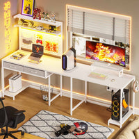 SEDETA | 89.7 Inch LED Reversible L Shaped Gaming Desk with Drawers and Storage Hutch