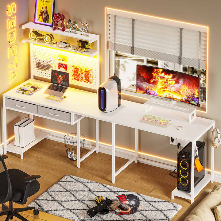 SEDETA L Shaped Gaming Desk with LED Lights Pegboard Drawers and Hutch