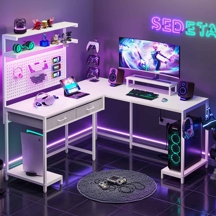 SEDETA L Shaped Gaming Desk with LED Lights Pegboard Drawers and Hutch