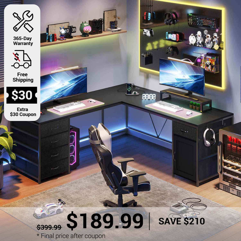 SEDETA 63 Inch  L Shaped Black Computer Desk with Drawers and Power Outlet