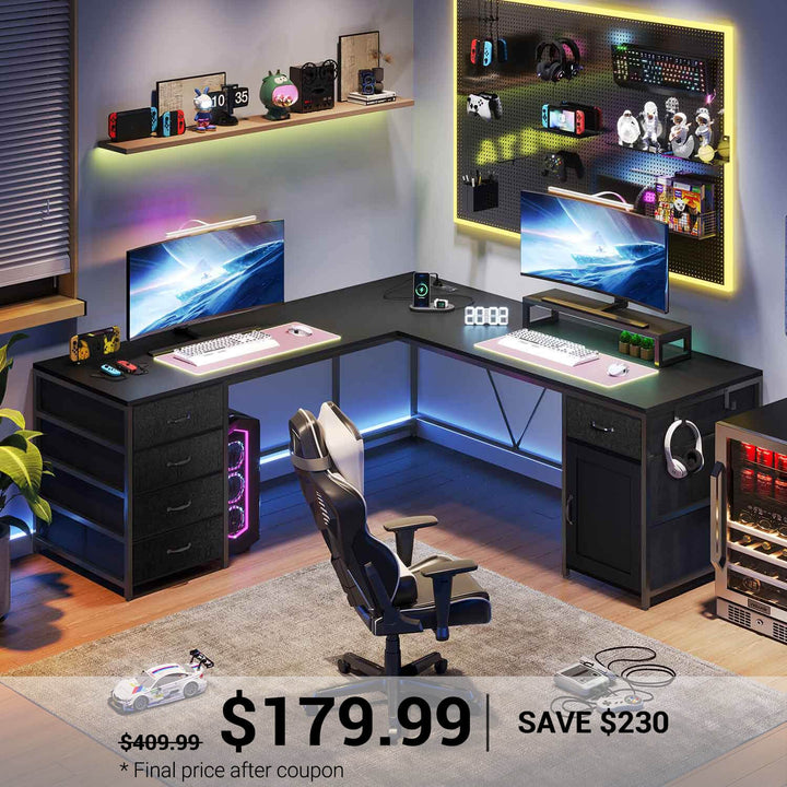 SEDETA 63 Inch L Shaped Computer Desk with Drawers and Power Outlet