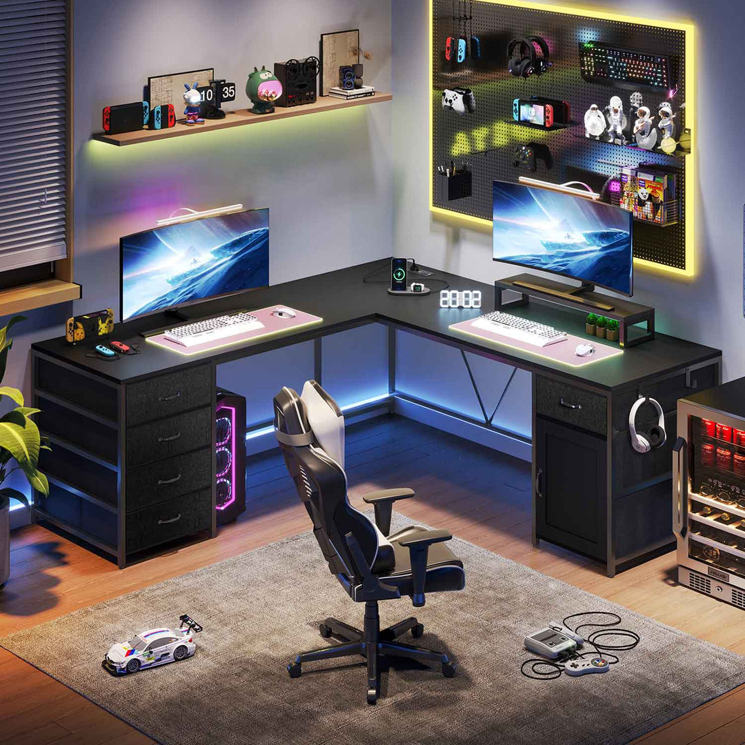 SEDETA 63 Inch  L Shaped Black Computer Desk with Drawers and Power Outlet