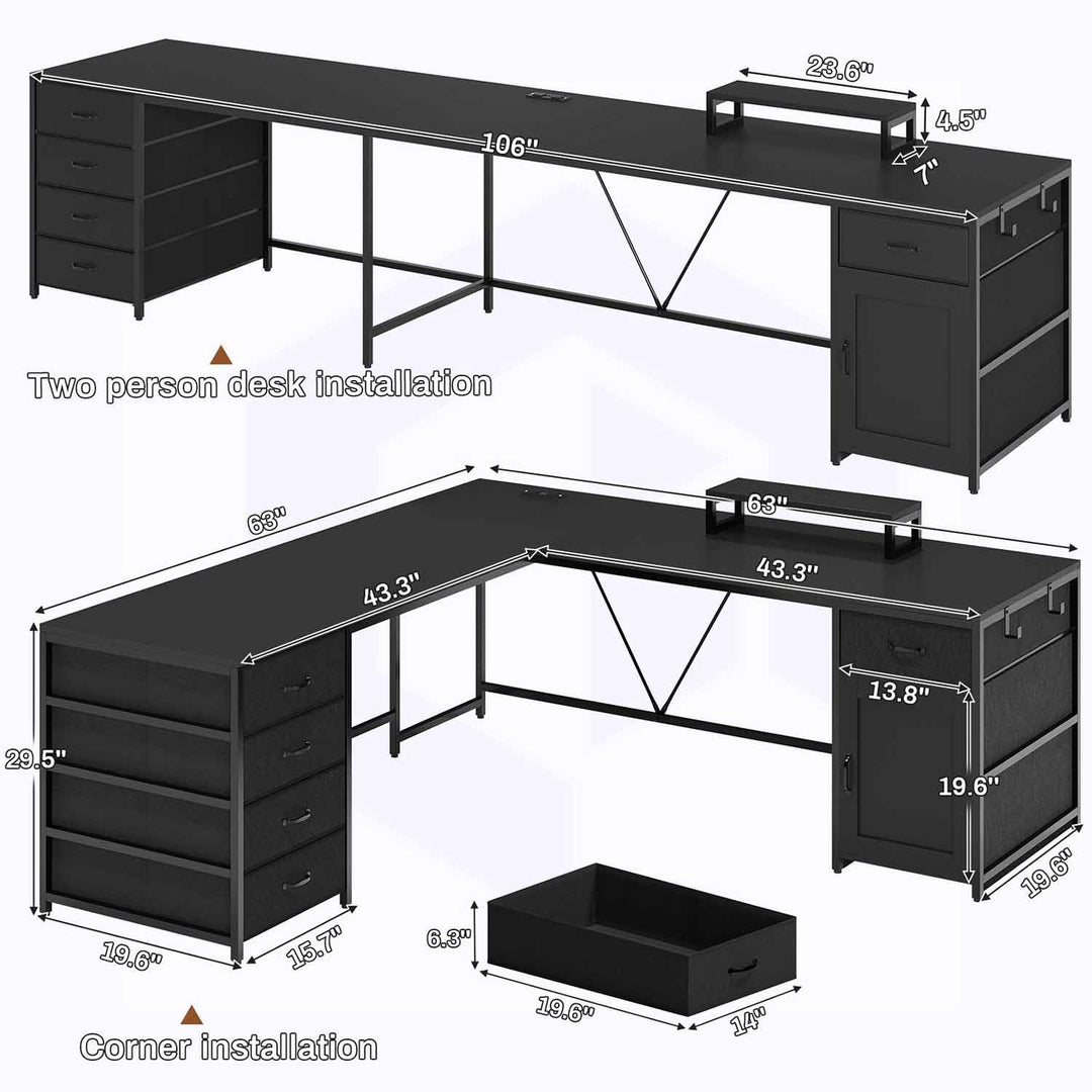 SEDETA 63 Inch  L Shaped Black Computer Desk with Drawers and Power Outlet