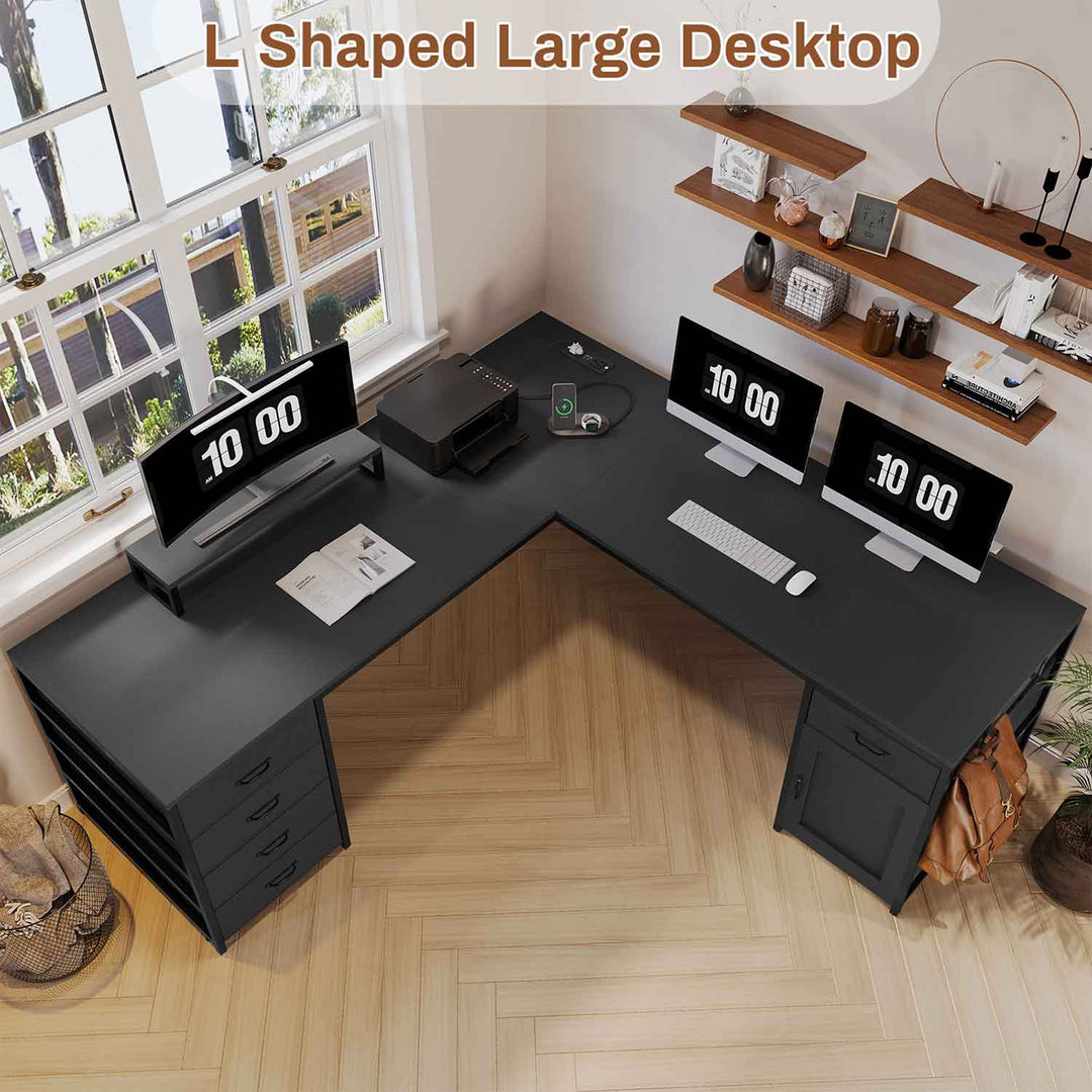 SEDETA 63 Inch  L Shaped Black Computer Desk with Drawers and Power Outlet