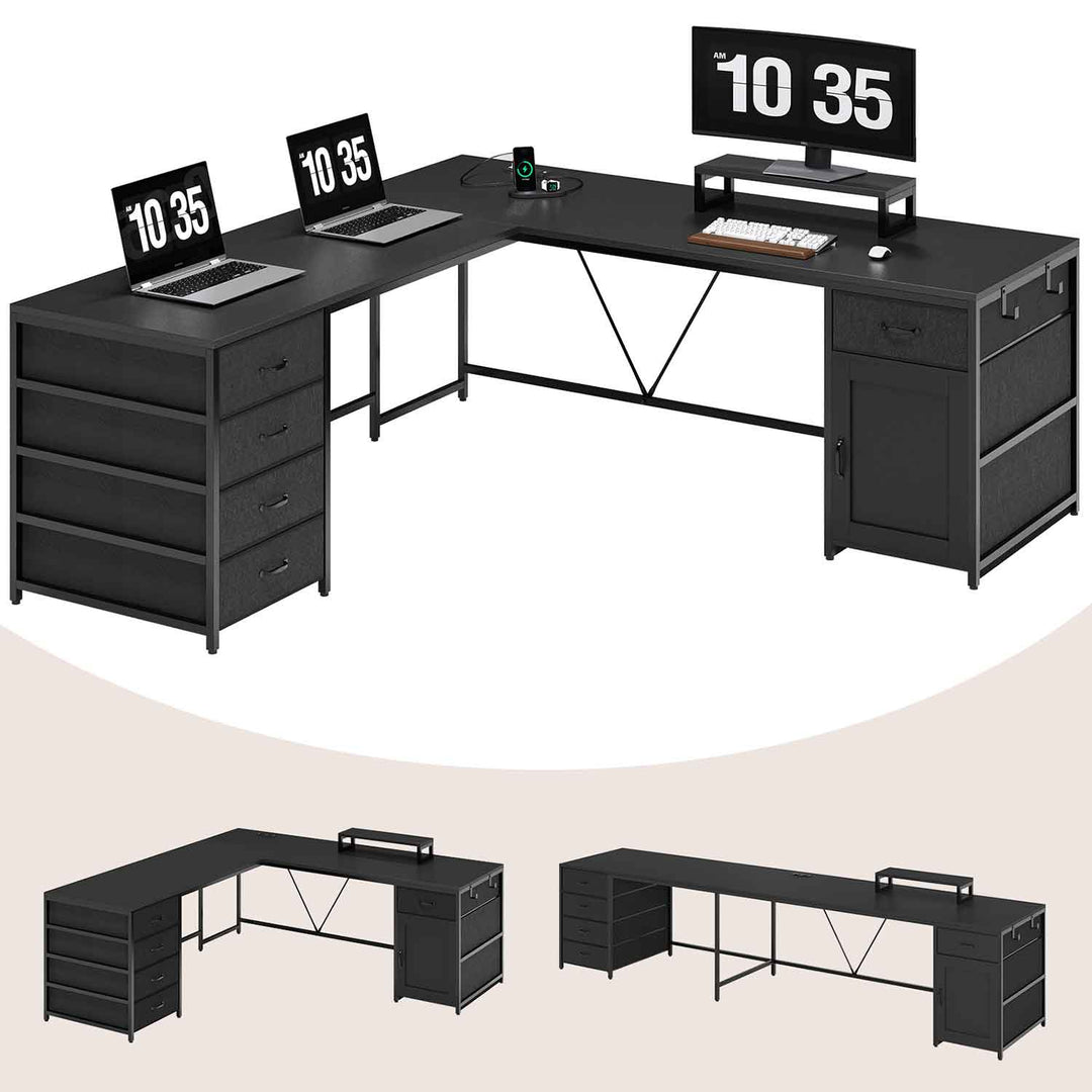 SEDETA 63 Inch  L Shaped Black Computer Desk with Drawers and Power Outlet