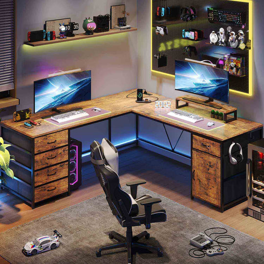 SEDETA 63 Inch  L Shaped Black Computer Desk with Drawers and Power Outlet