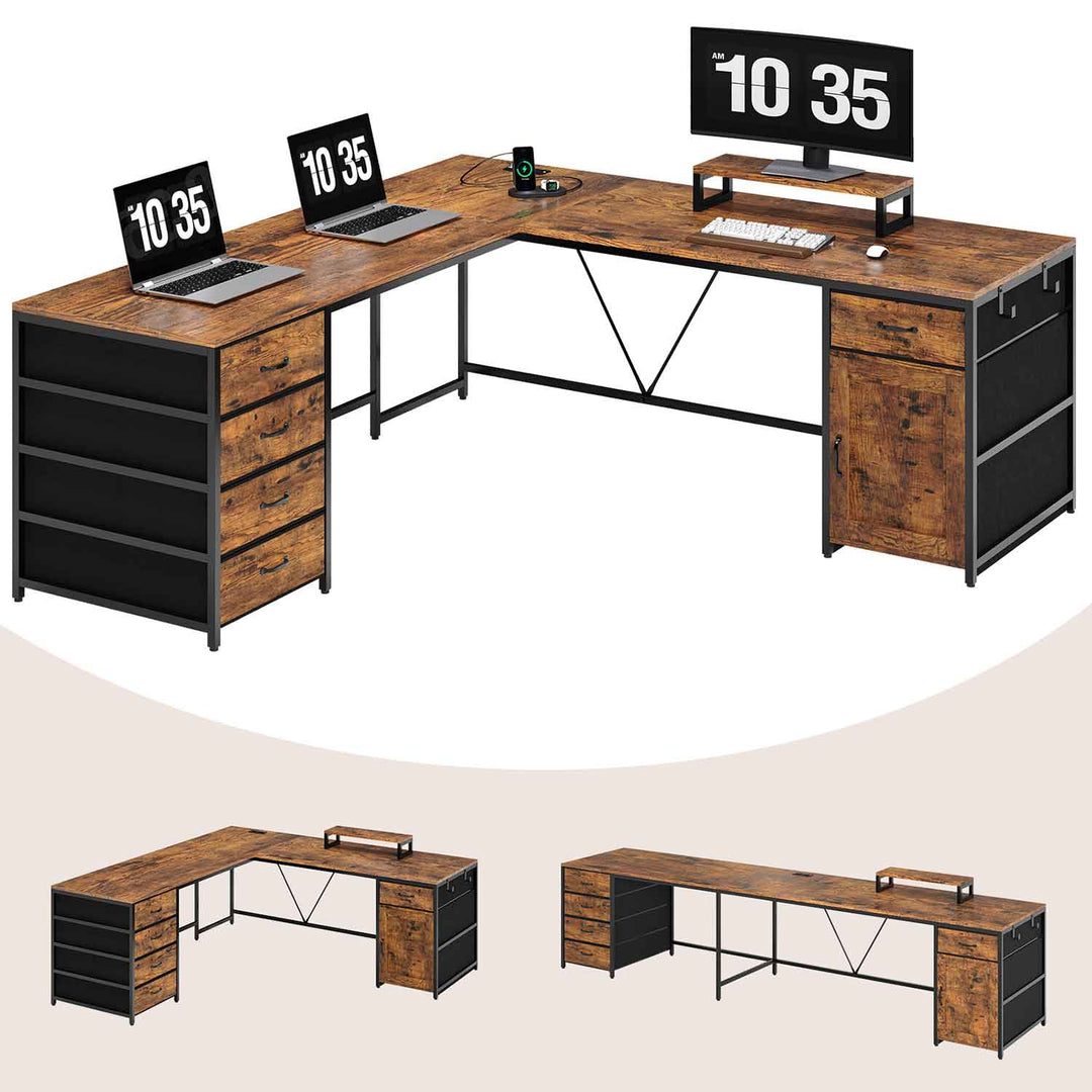 SEDETA 63 Inch  L Shaped Black Computer Desk with Drawers and Power Outlet