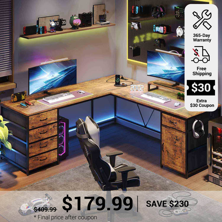 SEDETA 63 Inch L Shaped Computer Desk with Drawers and Power Outlet