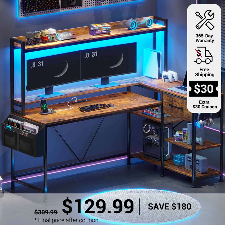 SEDETA 55 Inch L Shaped LED Gaming Desk with Hutch for Home Office