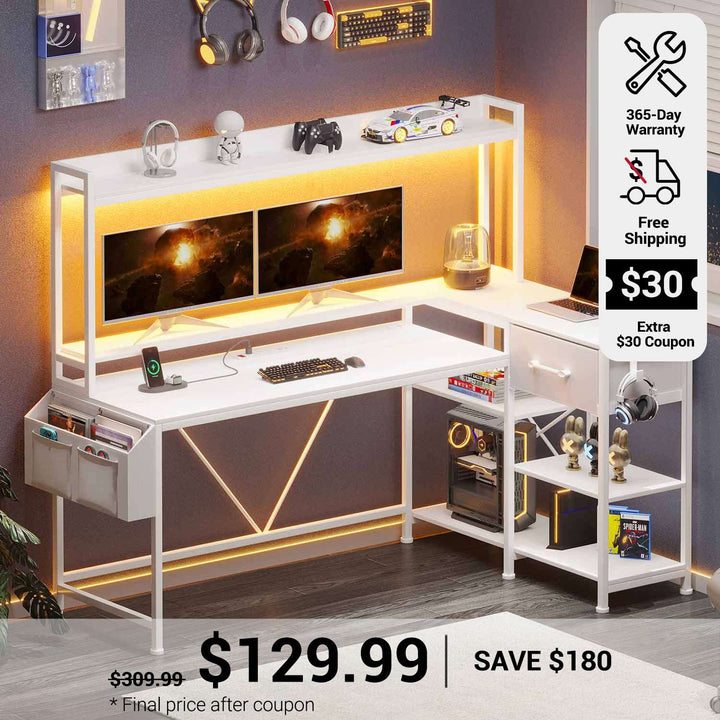 SEDETA 55 Inch L Shaped LED Gaming Desk with Hutch for Home Office