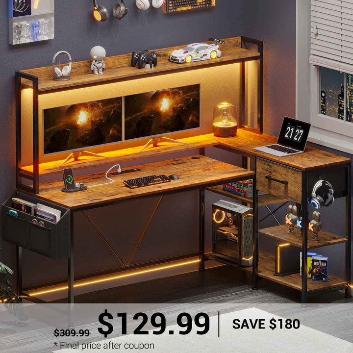 SEDETA 55 Inch L Shaped LED Gaming Desk with Hutch for Home Office