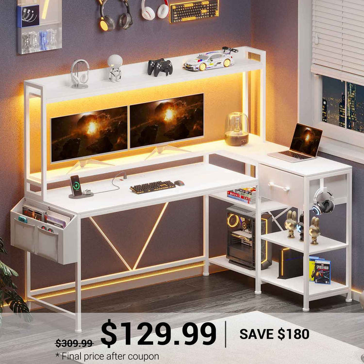 SEDETA 55 Inch L Shaped LED Gaming Desk with Hutch for Home Office