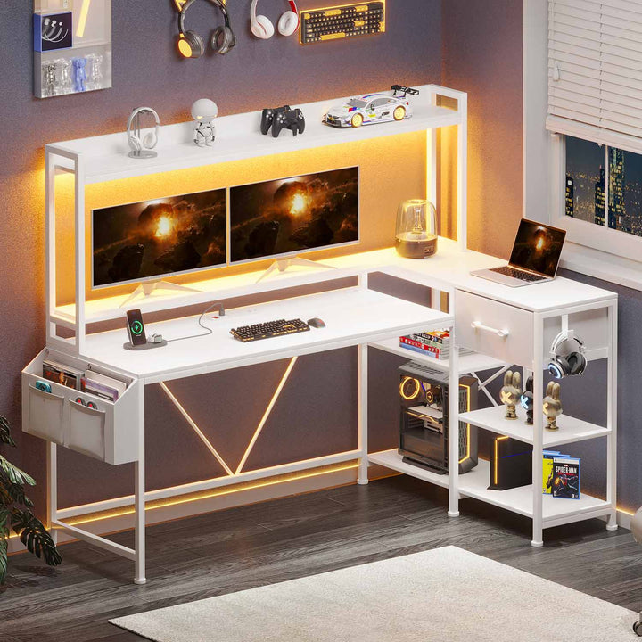 SEDETA 55 Inch L Shaped LED Gaming Desk with Hutch for Home Office