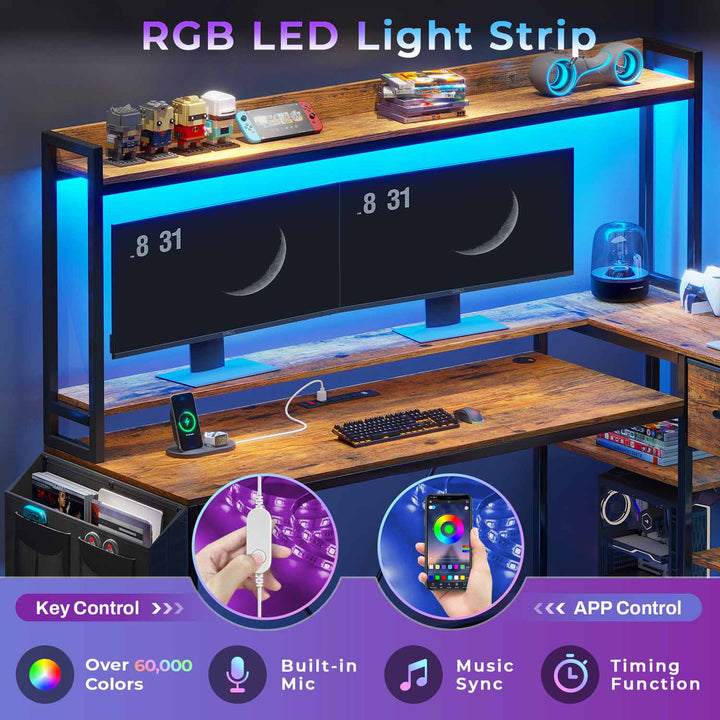 SEDETA 55 Inch L Shaped LED Gaming Desk with Hutch for Home Office