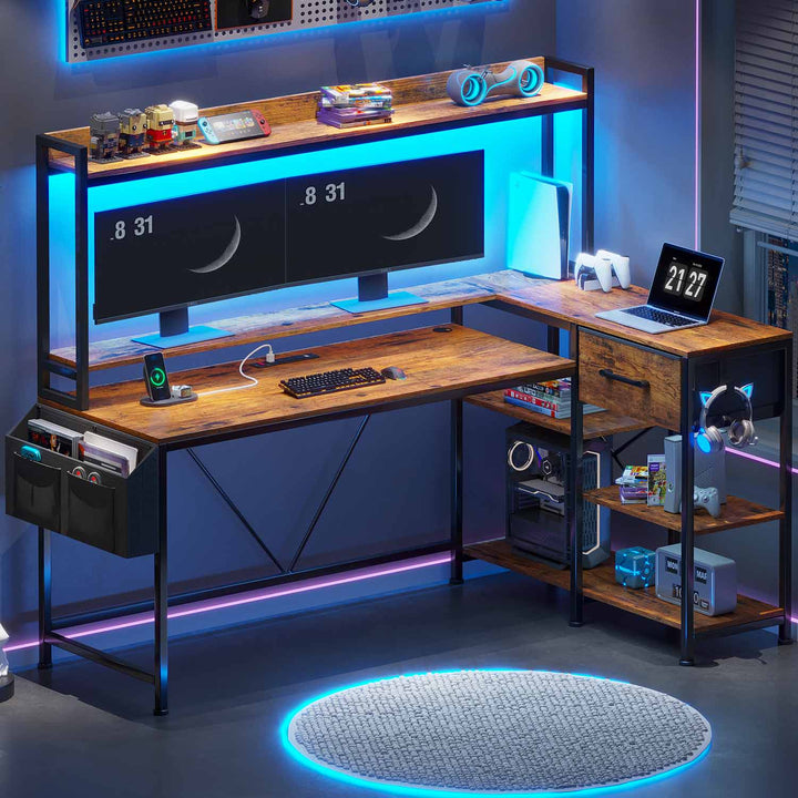 SEDETA 55 Inch L Shaped LED Gaming Desk with Hutch for Home Office