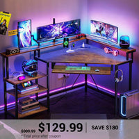 SEDETA Corner Desk Small Computer Desk with Power Outlets and LED Lights