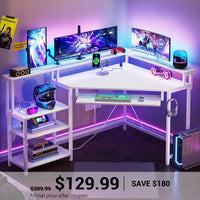 SEDETA Corner Desk Small Computer Desk with Power Outlets and LED Lights