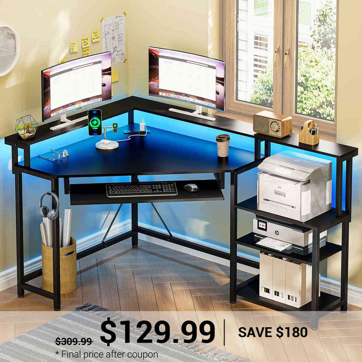 SEDETA Corner Desk Small Computer Desk with Power Outlets and LED Lights