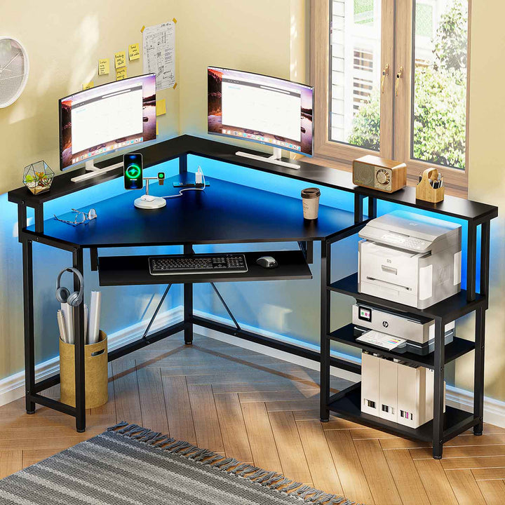 SEDETA Corner Desk Small Computer Desk with Power Outlets and LED Lights