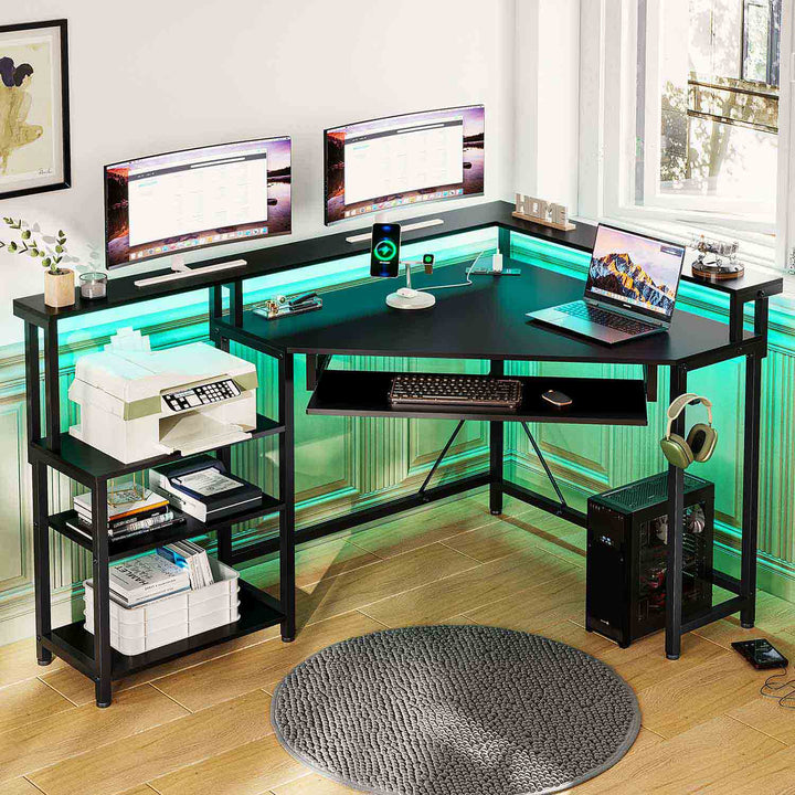 SEDETA Corner Desk Small Computer Desk with Power Outlets and LED Lights