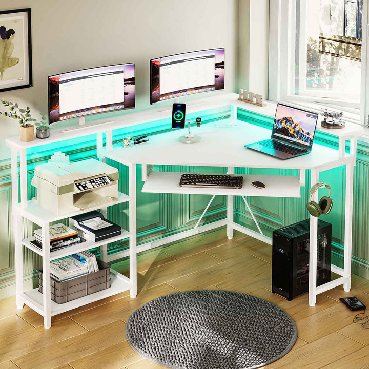 SEDETA Corner Desk Small Computer Desk with Power Outlets and LED Lights