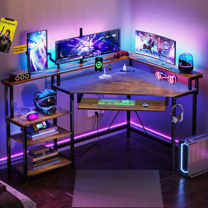 SEDETA Corner Desk Small Computer Desk with Power Outlets and LED Lights