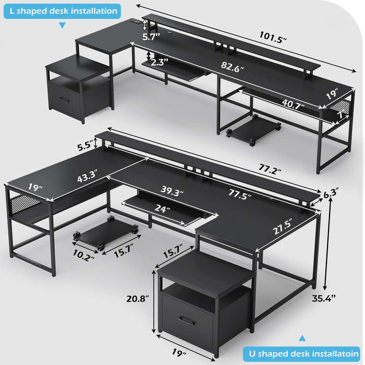 SEDETA® 101.5 Inch Two Person Computer Desk Home Office Gaming Desk with File Drawer