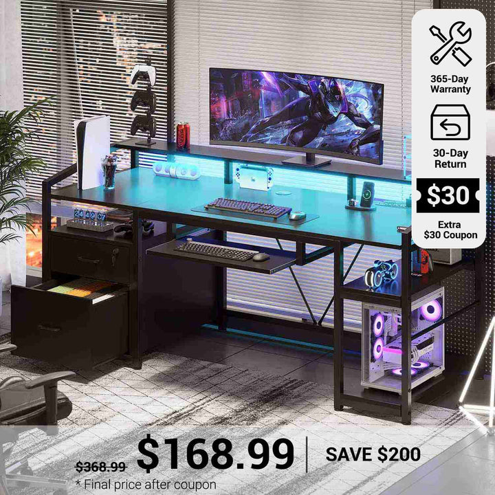 SEDETA® 63 Inch Ergonomic LED Gaming Desk Home Office Computer Table with Lock Drawers