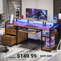 SEDETA | 63 Inch Ergonomic Gaming Desk LED Computer Table Home Office with Lock Drawers