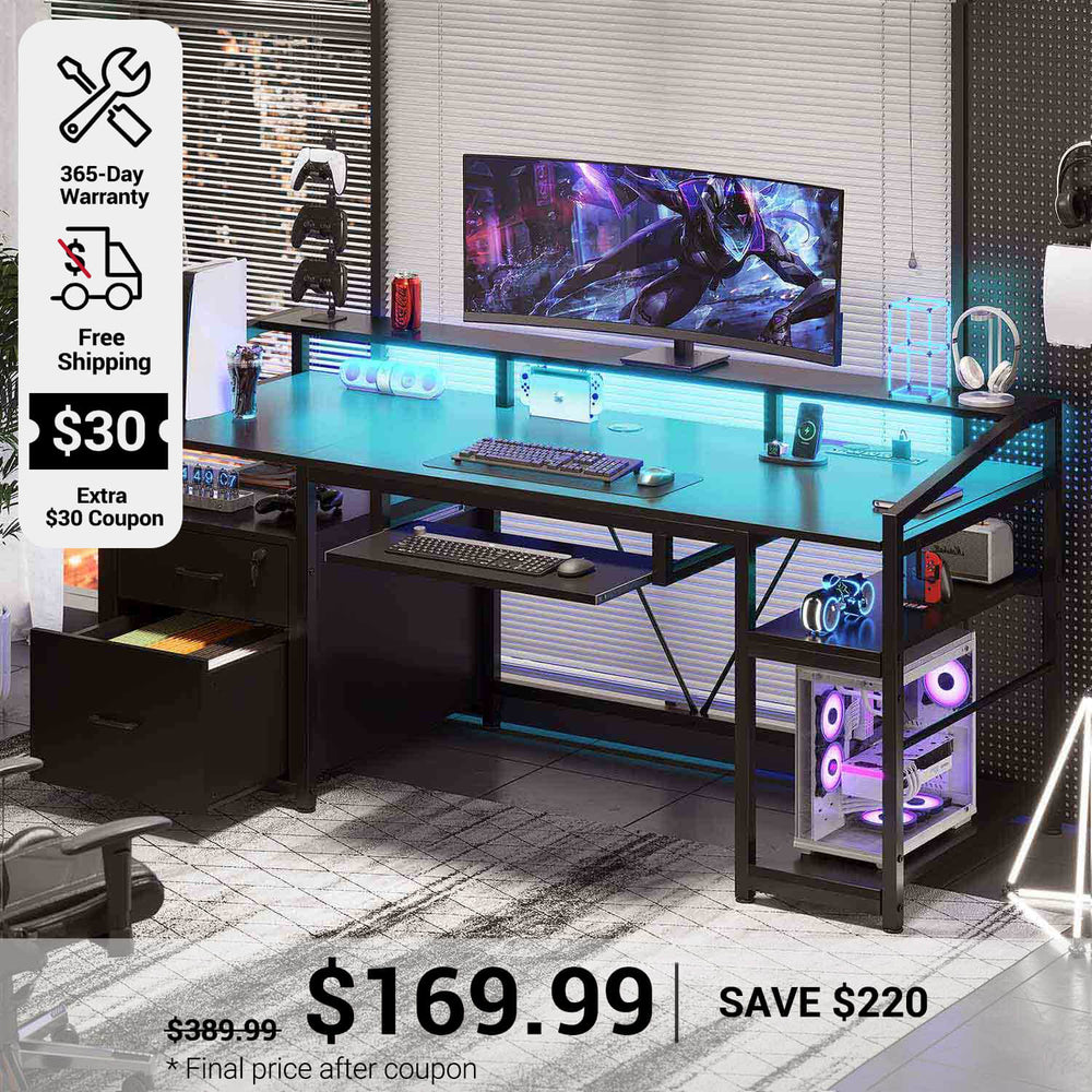 SEDETA 63 Inch Office Computer Desk LED Gaming Desk with Lock Drawers