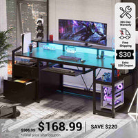 SEDETA 63 Inch Office Computer Desk LED Gaming Desk with Lock Drawers